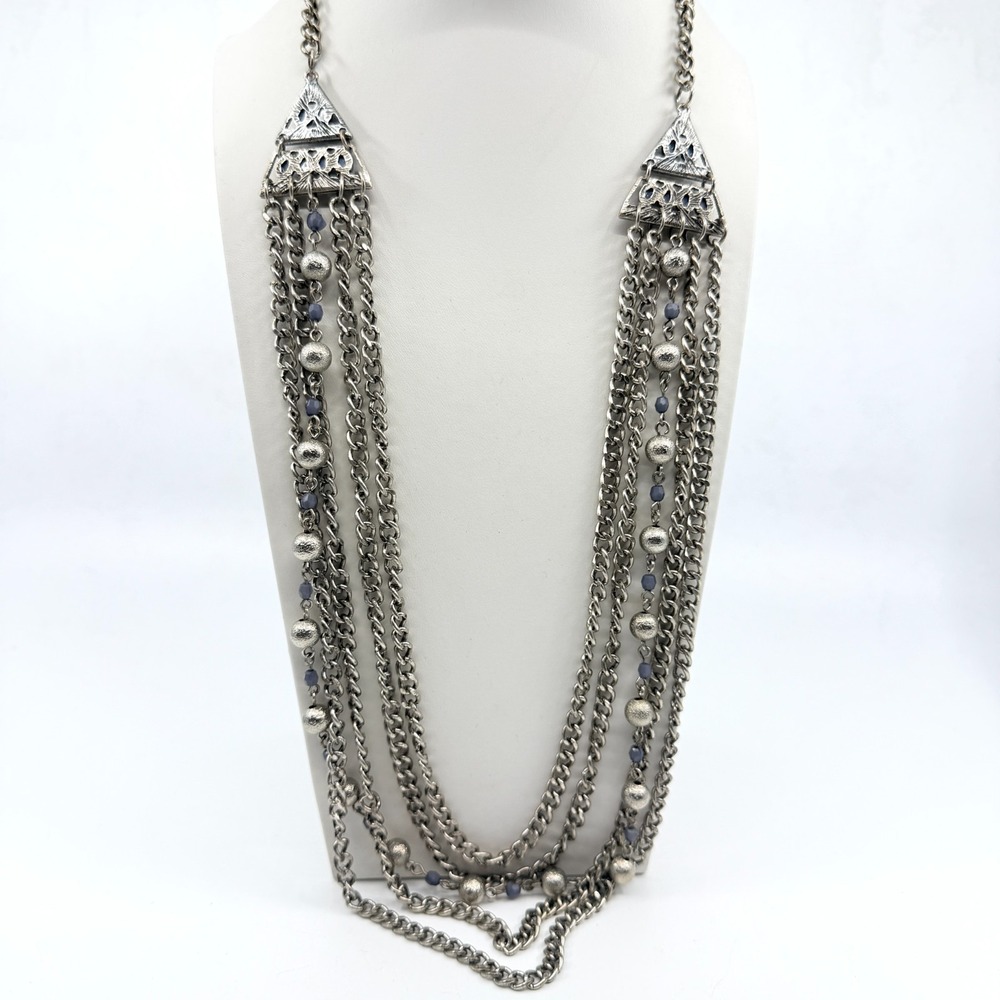 Vintage Boho Multi Strand Silver Tone Curb Chain Purple Bead Statement Necklace
